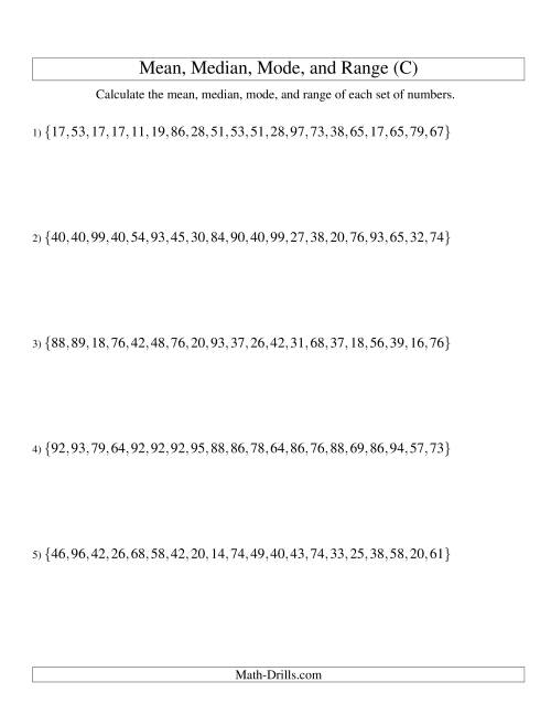 The Mean, Median, Mode and Range -- Unsorted Sets (Sets of 20 from 10 to 99) (C) Math Worksheet