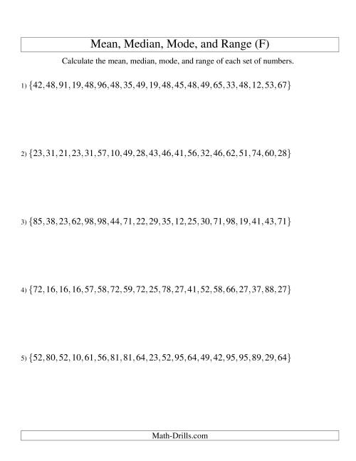The Mean, Median, Mode and Range -- Unsorted Sets (Sets of 20 from 10 to 99) (F) Math Worksheet