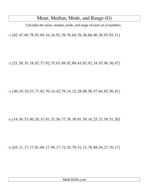 The Mean, Median, Mode and Range -- Unsorted Sets (Sets of 20 from 10 to 99) (G) Math Worksheet