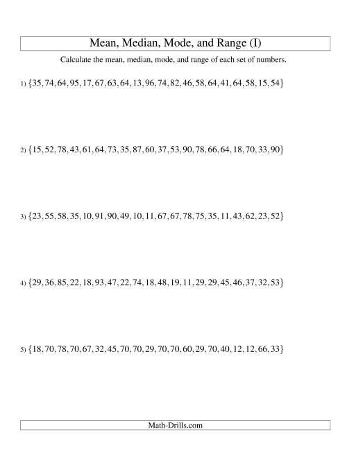 The Mean, Median, Mode and Range -- Unsorted Sets (Sets of 20 from 10 to 99) (I) Math Worksheet