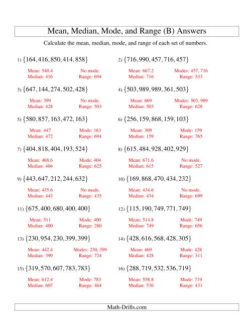 The Mean, Median, Mode and Range -- Unsorted Sets (Sets of 5 from 100 to 999) (B) Math Worksheet Page 2