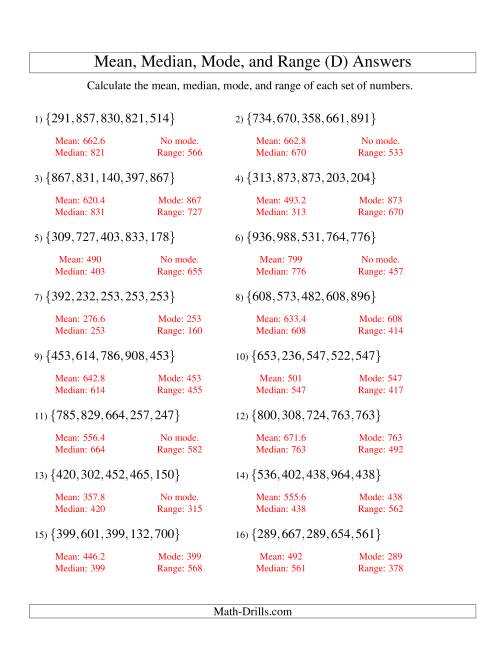 The Mean, Median, Mode and Range -- Unsorted Sets (Sets of 5 from 100 to 999) (D) Math Worksheet Page 2