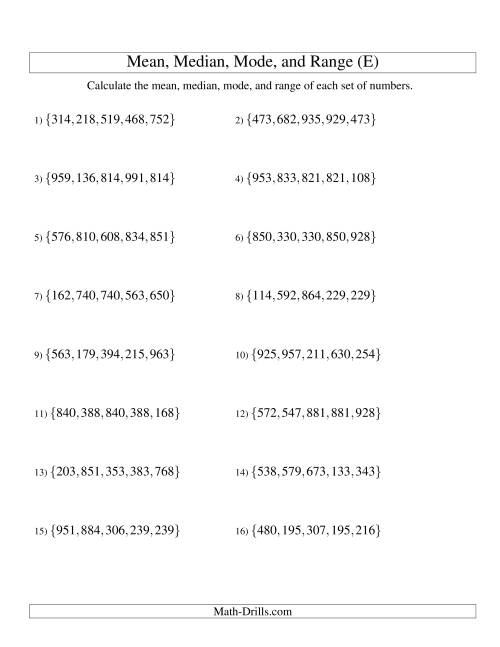 The Mean, Median, Mode and Range -- Unsorted Sets (Sets of 5 from 100 to 999) (E) Math Worksheet