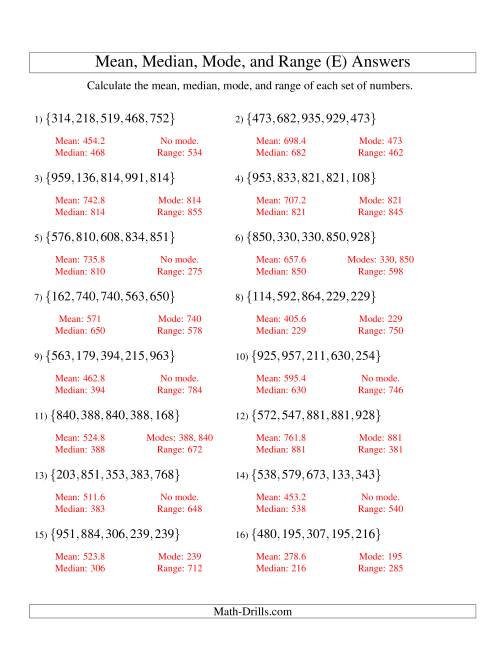 The Mean, Median, Mode and Range -- Unsorted Sets (Sets of 5 from 100 to 999) (E) Math Worksheet Page 2
