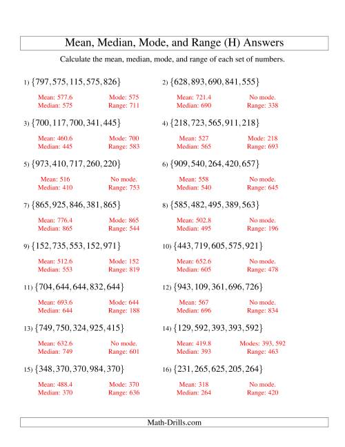 The Mean, Median, Mode and Range -- Unsorted Sets (Sets of 5 from 100 to 999) (H) Math Worksheet Page 2
