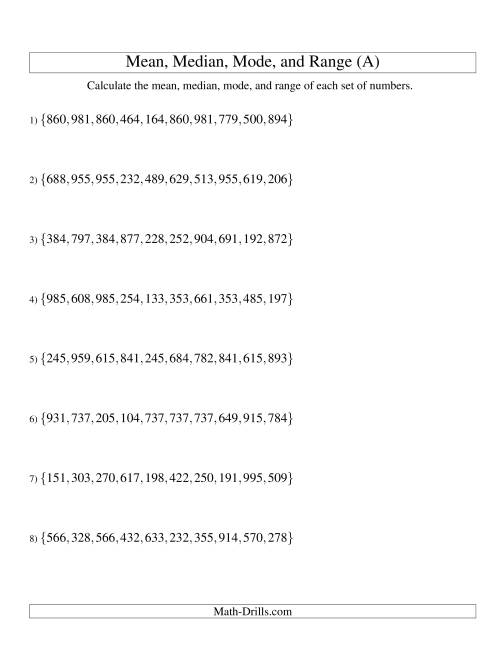 The Mean, Median, Mode and Range -- Unsorted Sets (Sets of 10 from 100 to 999) (A) Math Worksheet