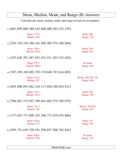 The Mean, Median, Mode and Range -- Unsorted Sets (Sets of 10 from 100 to 999) (B) Math Worksheet Page 2