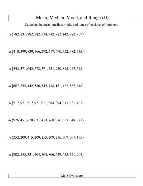 The Mean, Median, Mode and Range -- Unsorted Sets (Sets of 10 from 100 to 999) (D) Math Worksheet