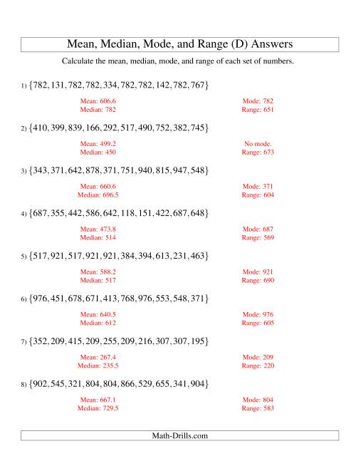 The Mean, Median, Mode and Range -- Unsorted Sets (Sets of 10 from 100 to 999) (D) Math Worksheet Page 2