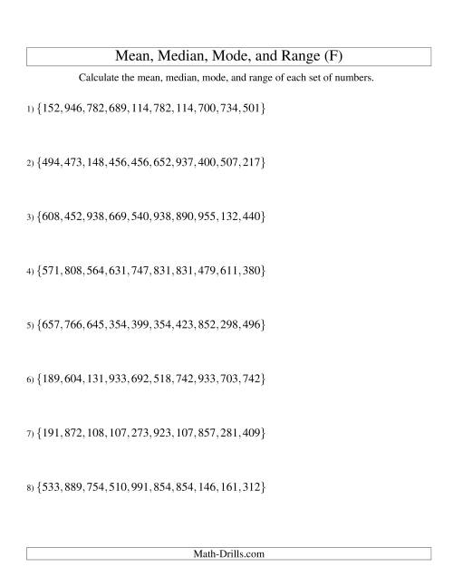 The Mean, Median, Mode and Range -- Unsorted Sets (Sets of 10 from 100 to 999) (F) Math Worksheet