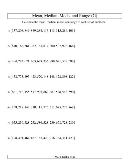 The Mean, Median, Mode and Range -- Unsorted Sets (Sets of 10 from 100 to 999) (G) Math Worksheet