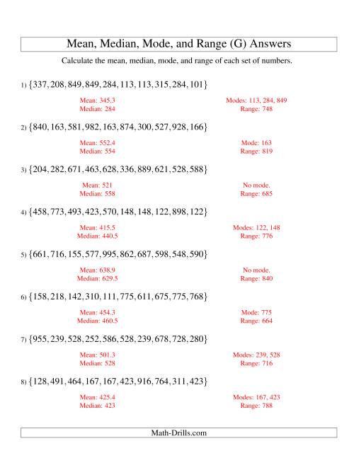 The Mean, Median, Mode and Range -- Unsorted Sets (Sets of 10 from 100 to 999) (G) Math Worksheet Page 2