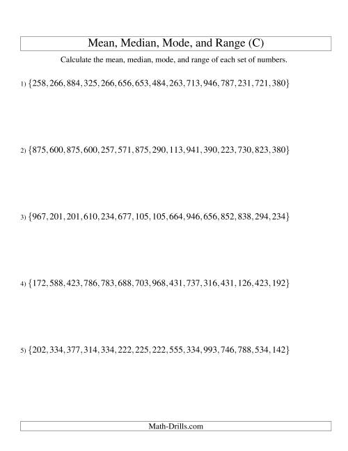 The Mean, Median, Mode and Range -- Unsorted Sets (Sets of 15 from 100 to 999) (C) Math Worksheet