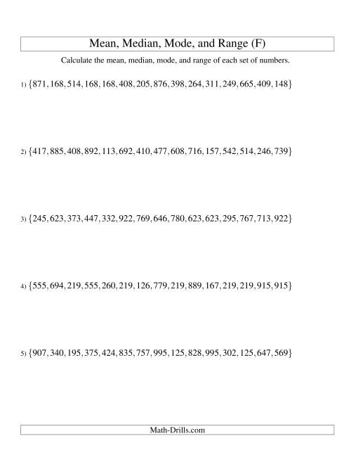 The Mean, Median, Mode and Range -- Unsorted Sets (Sets of 15 from 100 to 999) (F) Math Worksheet
