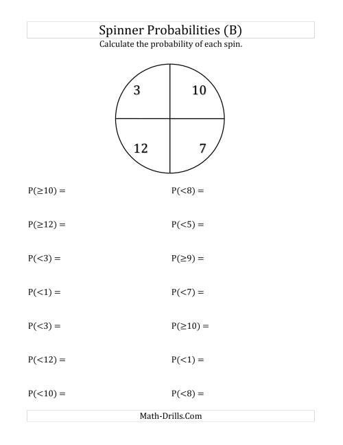 The 4 Section Spinner Probabilities (B) Math Worksheet