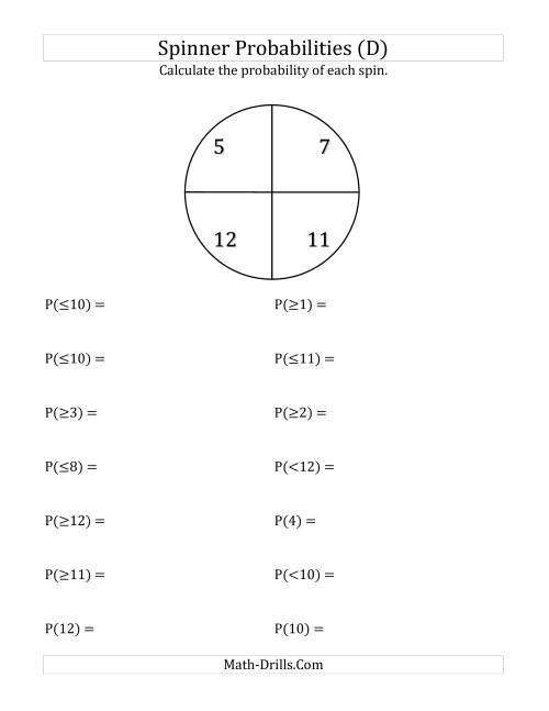 The 4 Section Spinner Probabilities (D) Math Worksheet