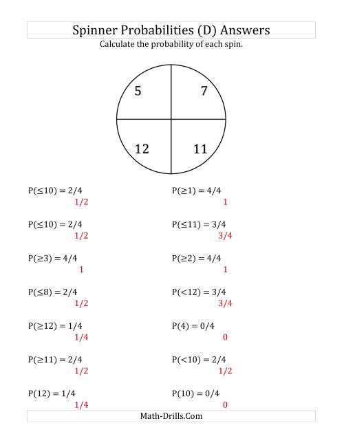 The 4 Section Spinner Probabilities (D) Math Worksheet Page 2