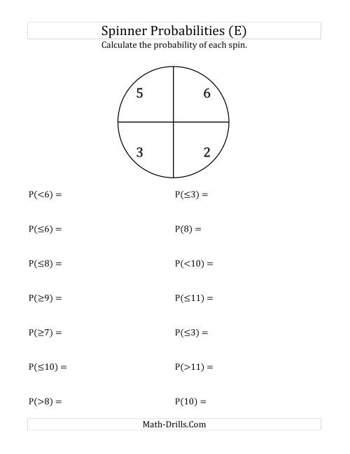 The 4 Section Spinner Probabilities (E) Math Worksheet