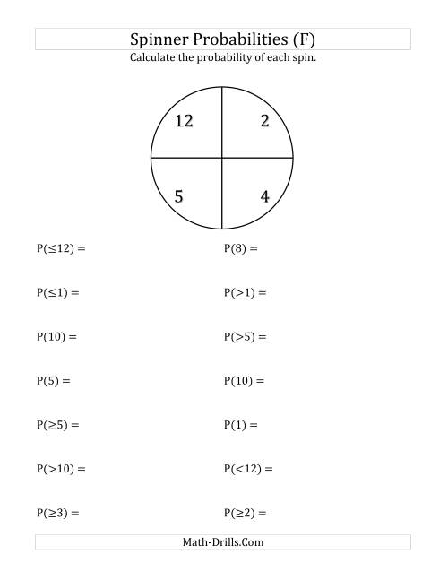 The 4 Section Spinner Probabilities (F) Math Worksheet