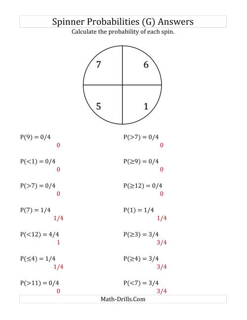 The 4 Section Spinner Probabilities (G) Math Worksheet Page 2