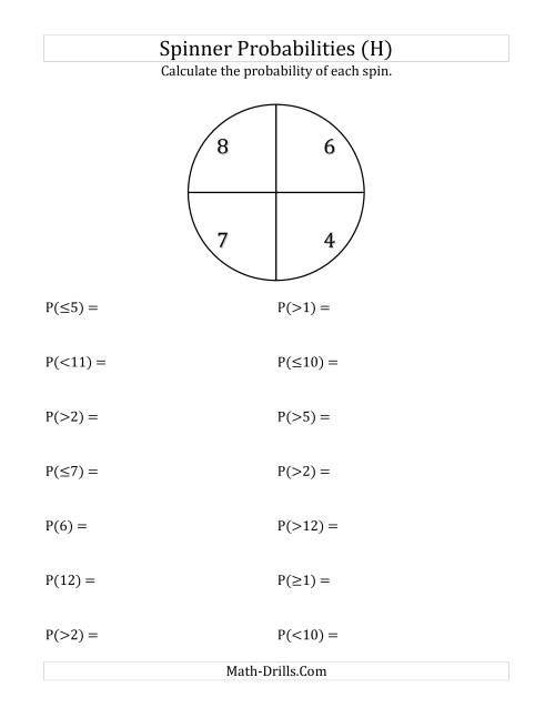 The 4 Section Spinner Probabilities (H) Math Worksheet