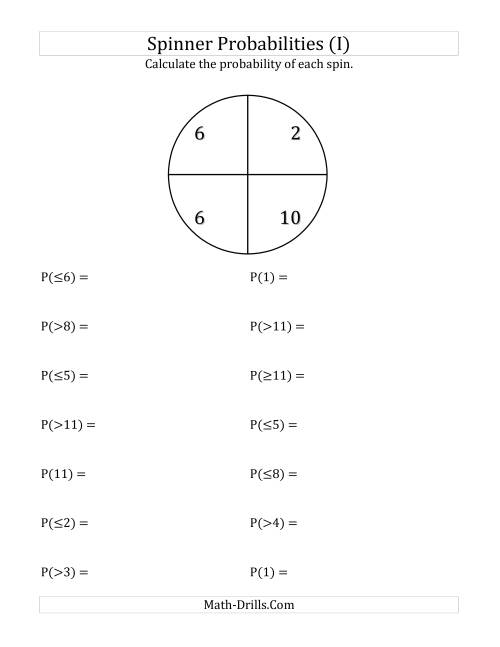 The 4 Section Spinner Probabilities (I) Math Worksheet