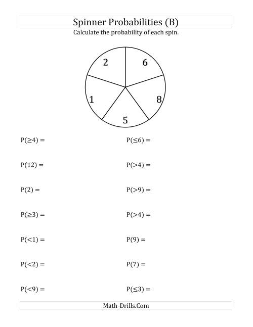 The 5 Section Spinner Probabilities (B) Math Worksheet