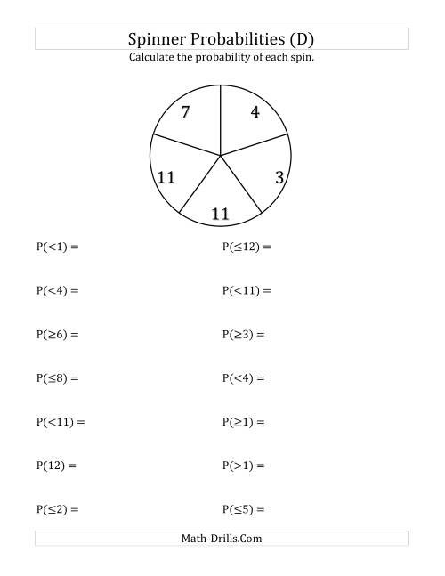 The 5 Section Spinner Probabilities (D) Math Worksheet