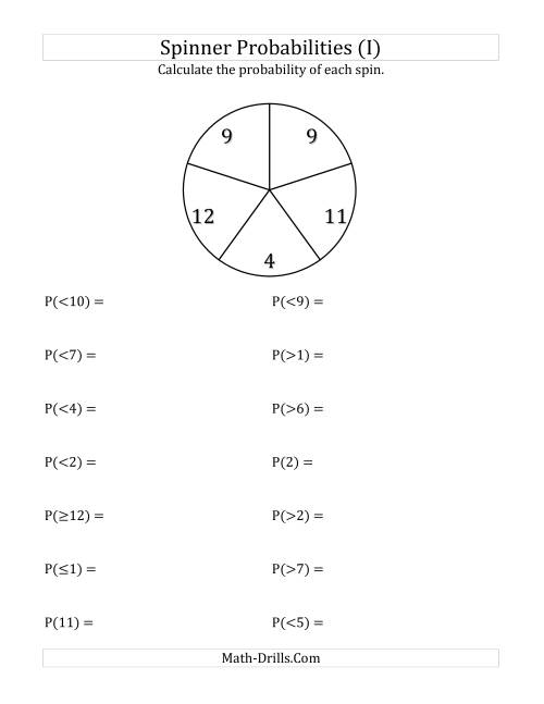 The 5 Section Spinner Probabilities (I) Math Worksheet