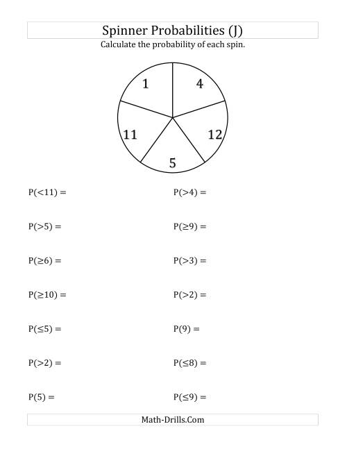 The 5 Section Spinner Probabilities (J) Math Worksheet