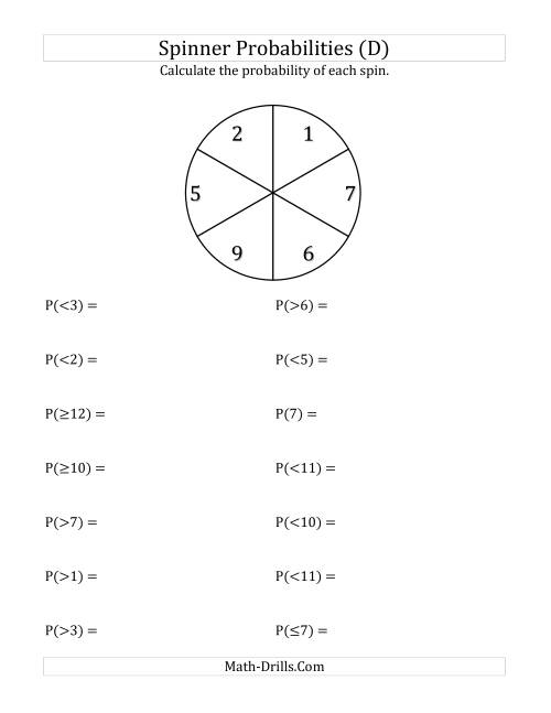 The 6 Section Spinner Probabilities (D) Math Worksheet