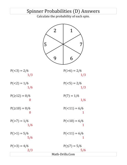 The 6 Section Spinner Probabilities (D) Math Worksheet Page 2