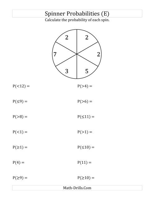 The 6 Section Spinner Probabilities (E) Math Worksheet
