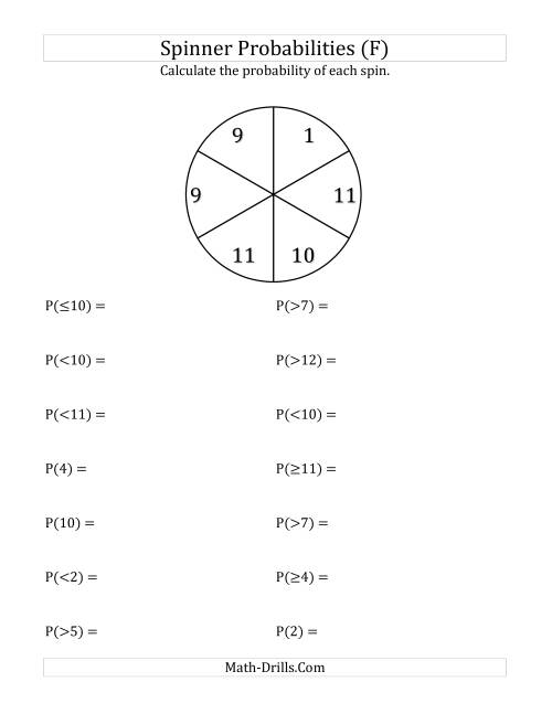 The 6 Section Spinner Probabilities (F) Math Worksheet