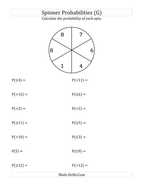 The 6 Section Spinner Probabilities (G) Math Worksheet