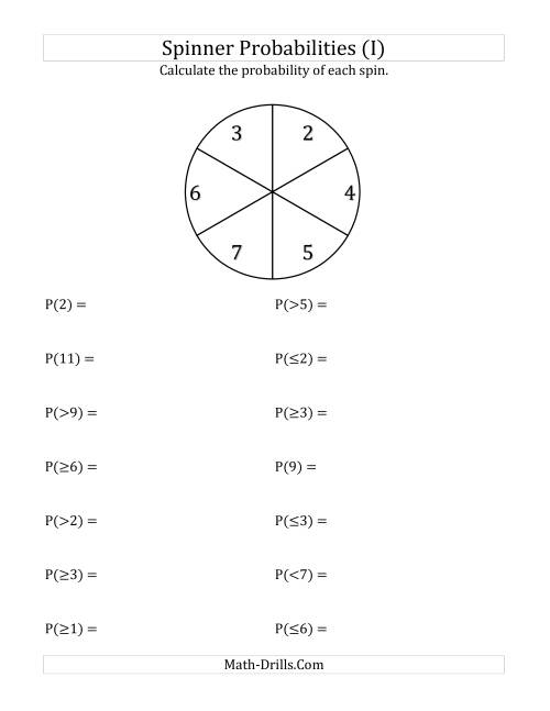 The 6 Section Spinner Probabilities (I) Math Worksheet