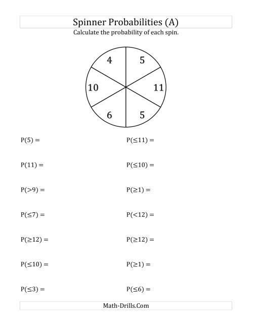 The 6 Section Spinner Probabilities (All) Math Worksheet