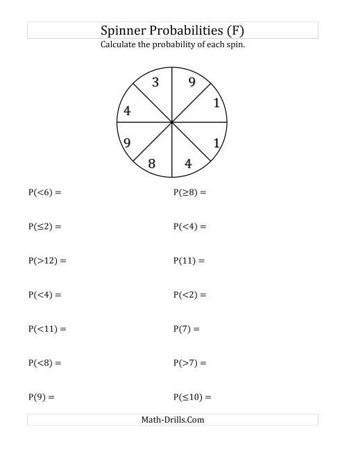 The 8 Section Spinner Probabilities (F) Math Worksheet