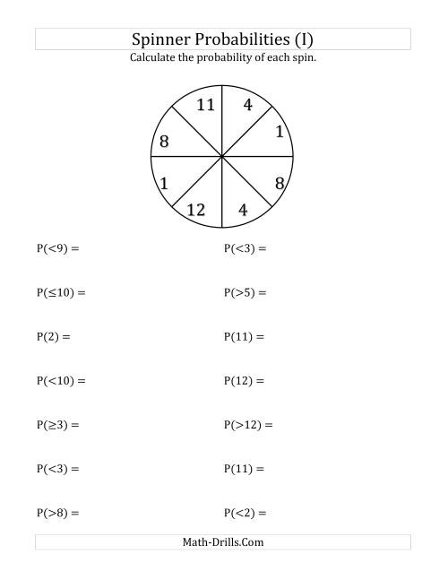 The 8 Section Spinner Probabilities (I) Math Worksheet