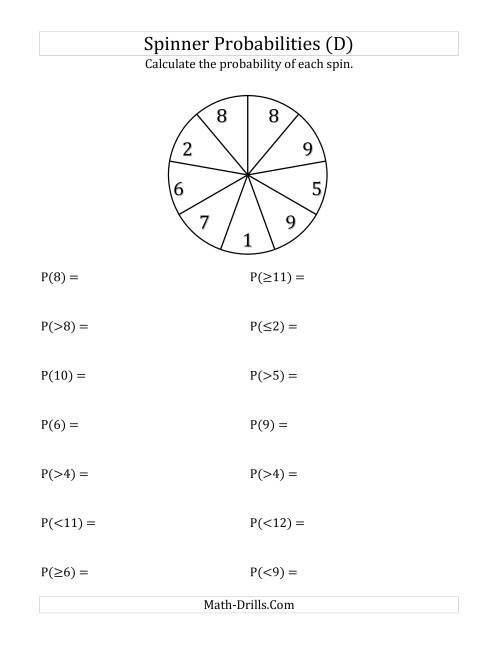 The 9 Section Spinner Probabilities (D) Math Worksheet