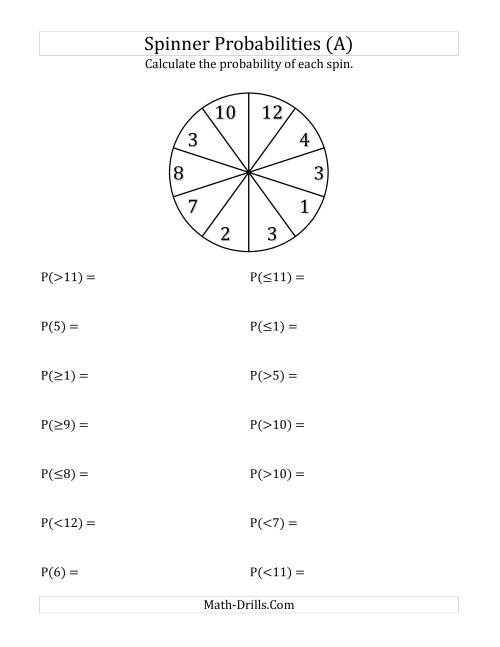 The 10 Section Spinner Probabilities (All) Math Worksheet
