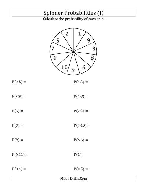The 11 Section Spinner Probabilities (I) Math Worksheet