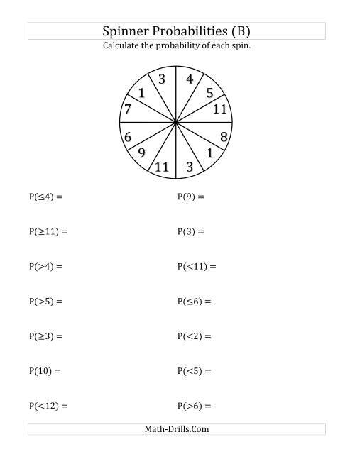 The 12 Section Spinner Probabilities (B) Math Worksheet