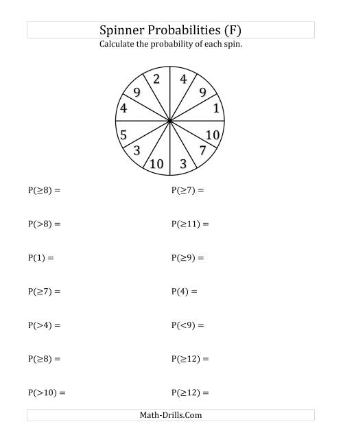 The 12 Section Spinner Probabilities (F) Math Worksheet