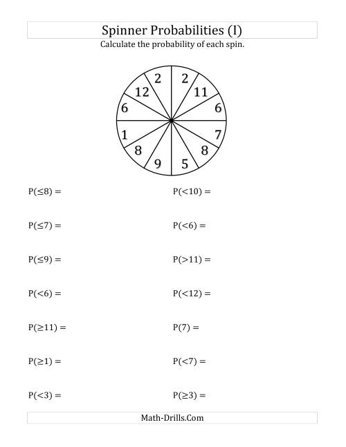 The 12 Section Spinner Probabilities (I) Math Worksheet