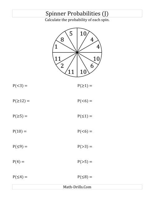 The 12 Section Spinner Probabilities (J) Math Worksheet