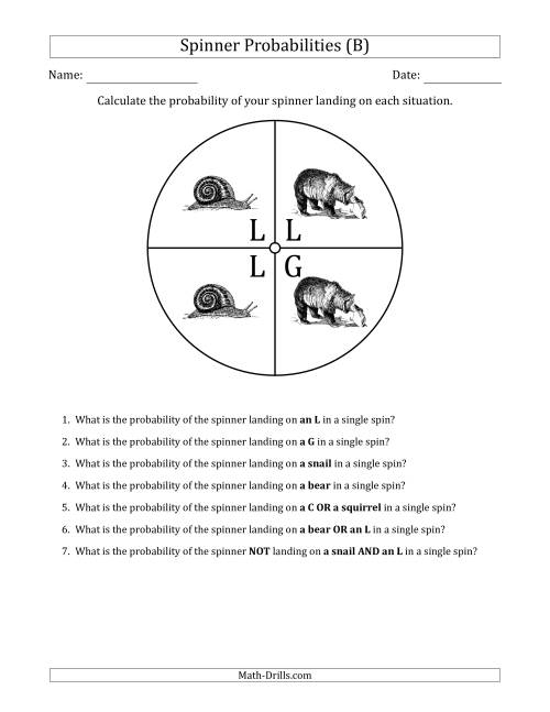 The Non-Numerical Spinners with Letters/Pictures (4 Sections) (B) Math Worksheet