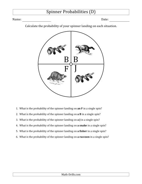 The Non-Numerical Spinners with Letters/Pictures (4 Sections) (D) Math Worksheet