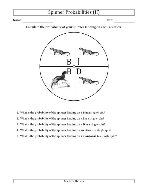 The Non-Numerical Spinners with Letters/Pictures (4 Sections) (H) Math Worksheet
