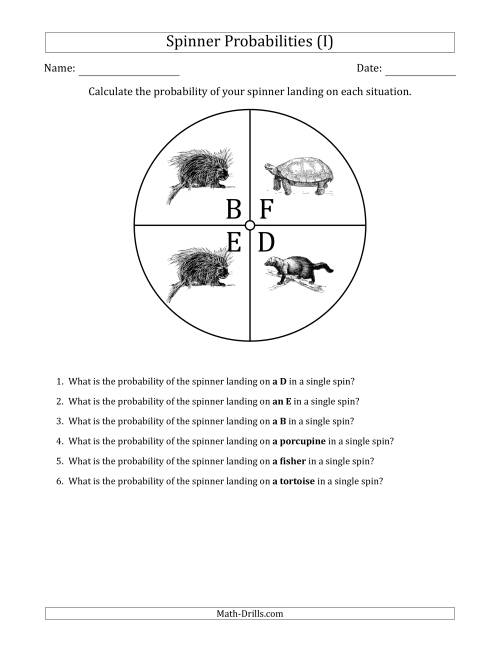 The Non-Numerical Spinners with Letters/Pictures (4 Sections) (I) Math Worksheet
